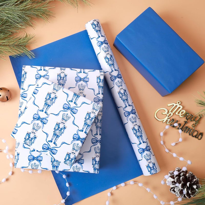 LaRibbons Reversible Christmas Wrapping Paper Mini Roll, Blue Nutcracker and Bow Pattern Toile Design, Ideal for Christmas, Holiday, and Seasonal Gift Wrapping, 17" x 33' (46.7 sq. ft) - Image 3